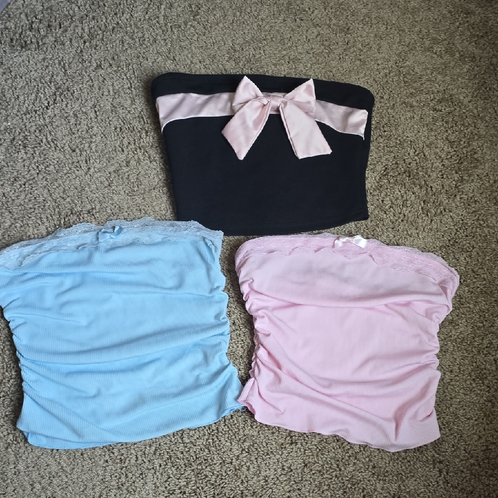 Girls Strapless Tube Tops - Black with Pink Bow, Blue, and Pink